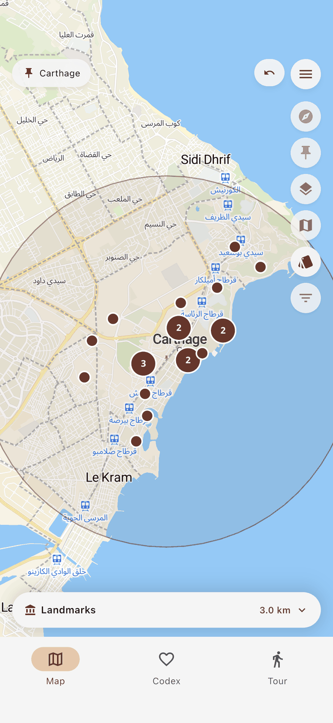 The Lucii map at Carthage, Tunisia, showing pins for Roman and Punic landmarks around the ancient city.