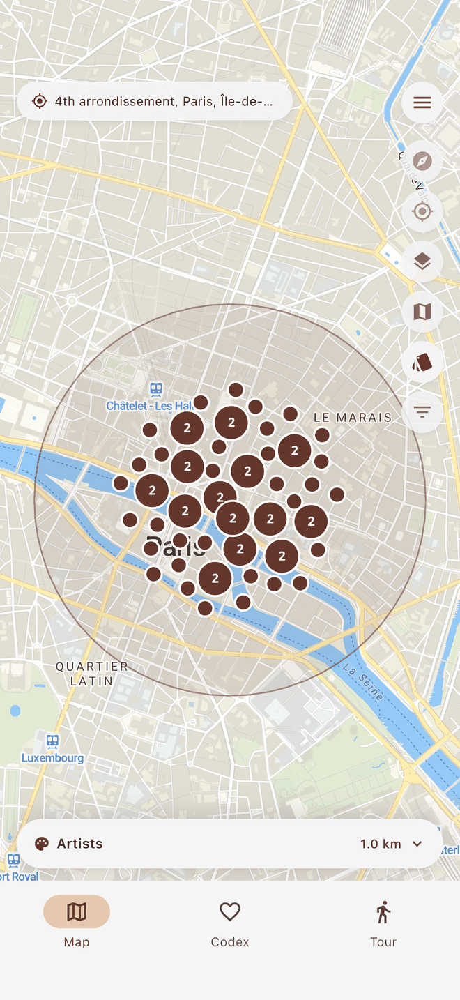 The Lucii map in Paris with the Artists persona active, showing pins for artists who lived and worked here.