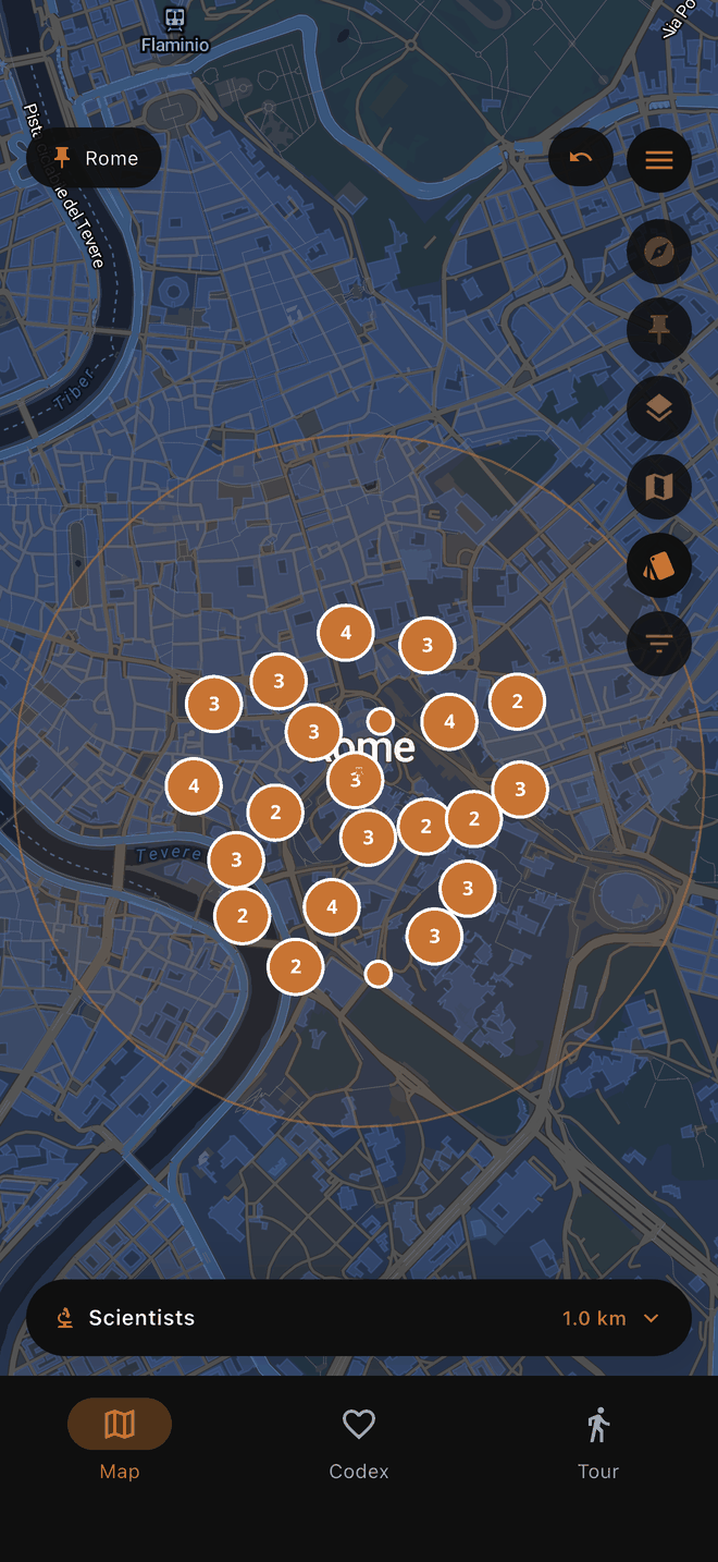 The same map screen shown in Lucii's warm dark theme.