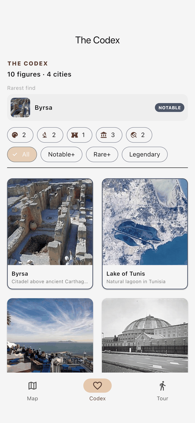 The Codex screen, showing a personal collection of saved historical discoveries.